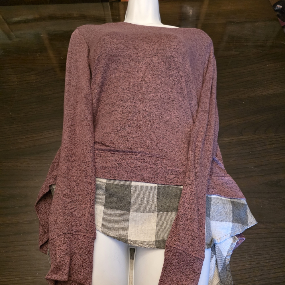 Maurices Maroon Long Sleeve Top with Plaid Detail And Lace Up Back Size Large